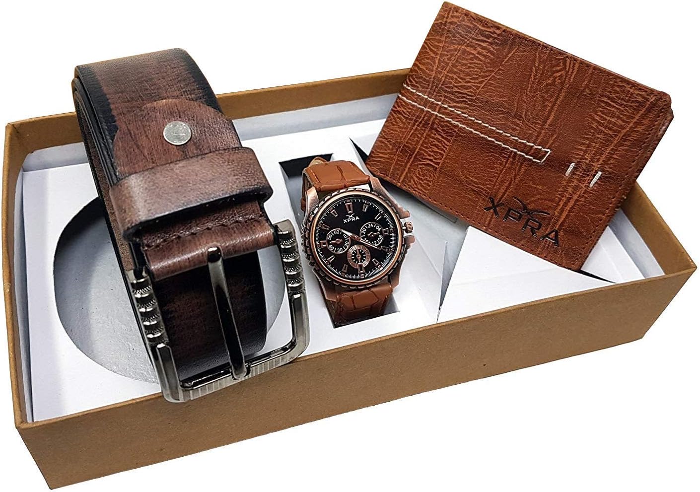 XPRA Analog Watch, Brown PU Leather Belt & Brown Leather Wallet for Men/Boys Combo (Pack of 3) - (WL-3CMB-36)