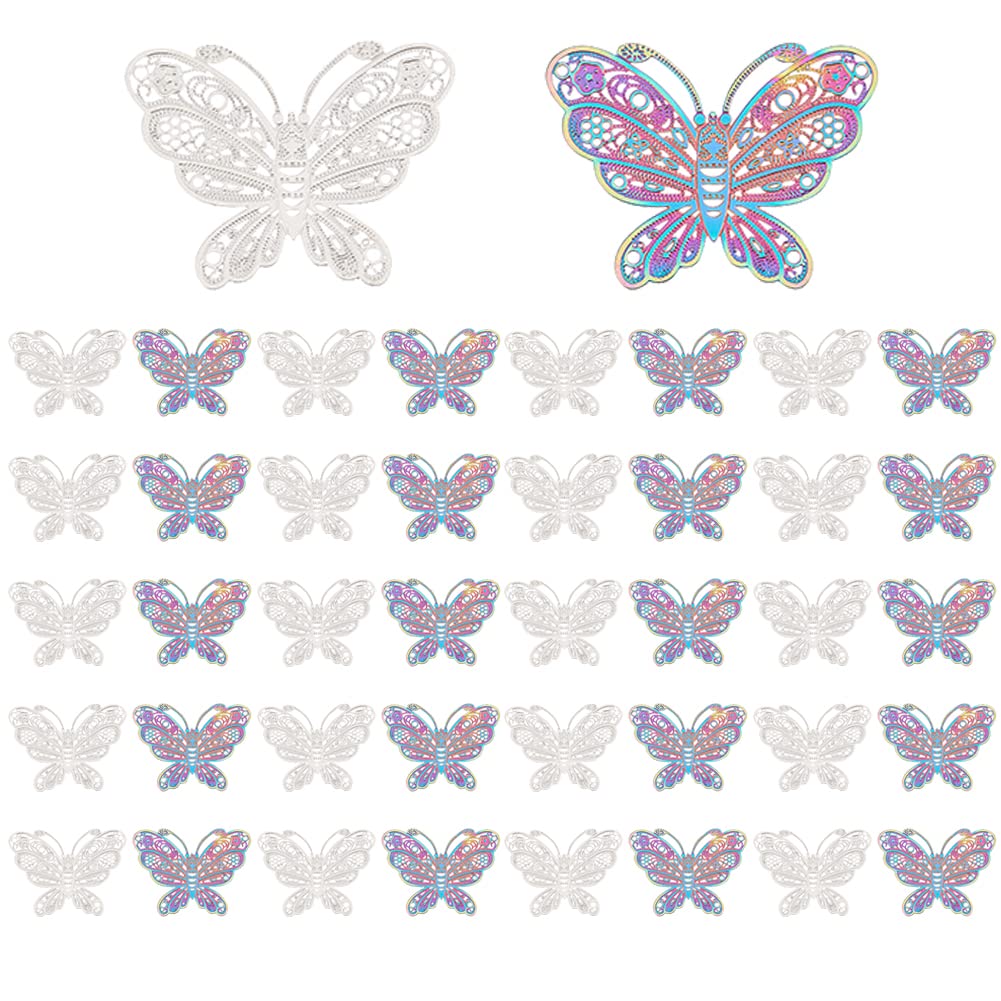 DICOSMETIC 40Pcs 2 Colors Stainless Steel Filigree Butterfly Charms Rainbow Color Metal Embellishments Pendant Connectors for Earrings Necklace Jewelry Making, Hole: 0.9mm