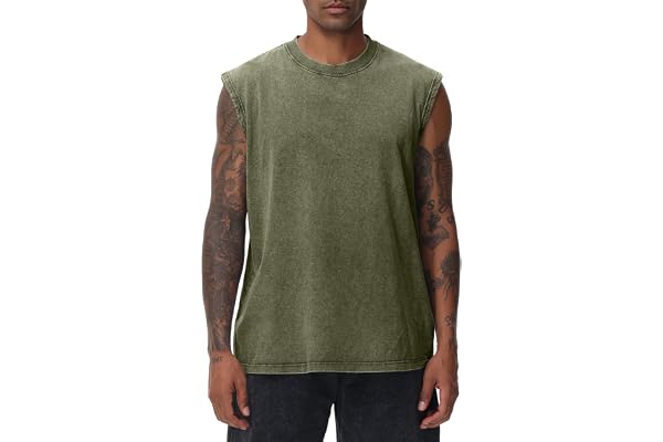 Mens Workout Tank Tops Sleeveless Tee Shirts Men Muscle Shirt Gym Acid Wash T Shirts Running Beach Loose Fit Tee