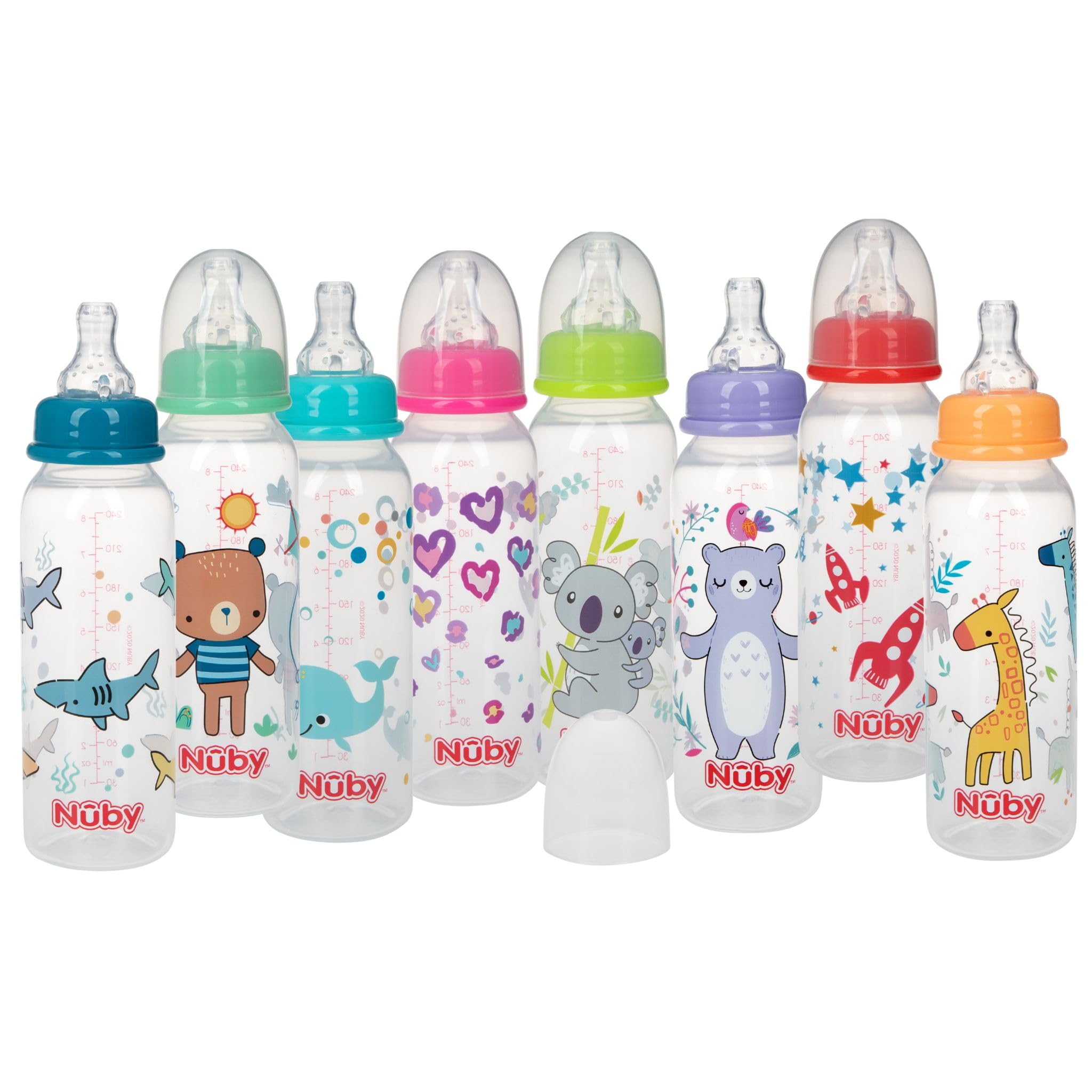 Nuby Printed Non-Drip Bottle, 1 Pack of 1 Bottle, 8 Ounce, Colors May Vary