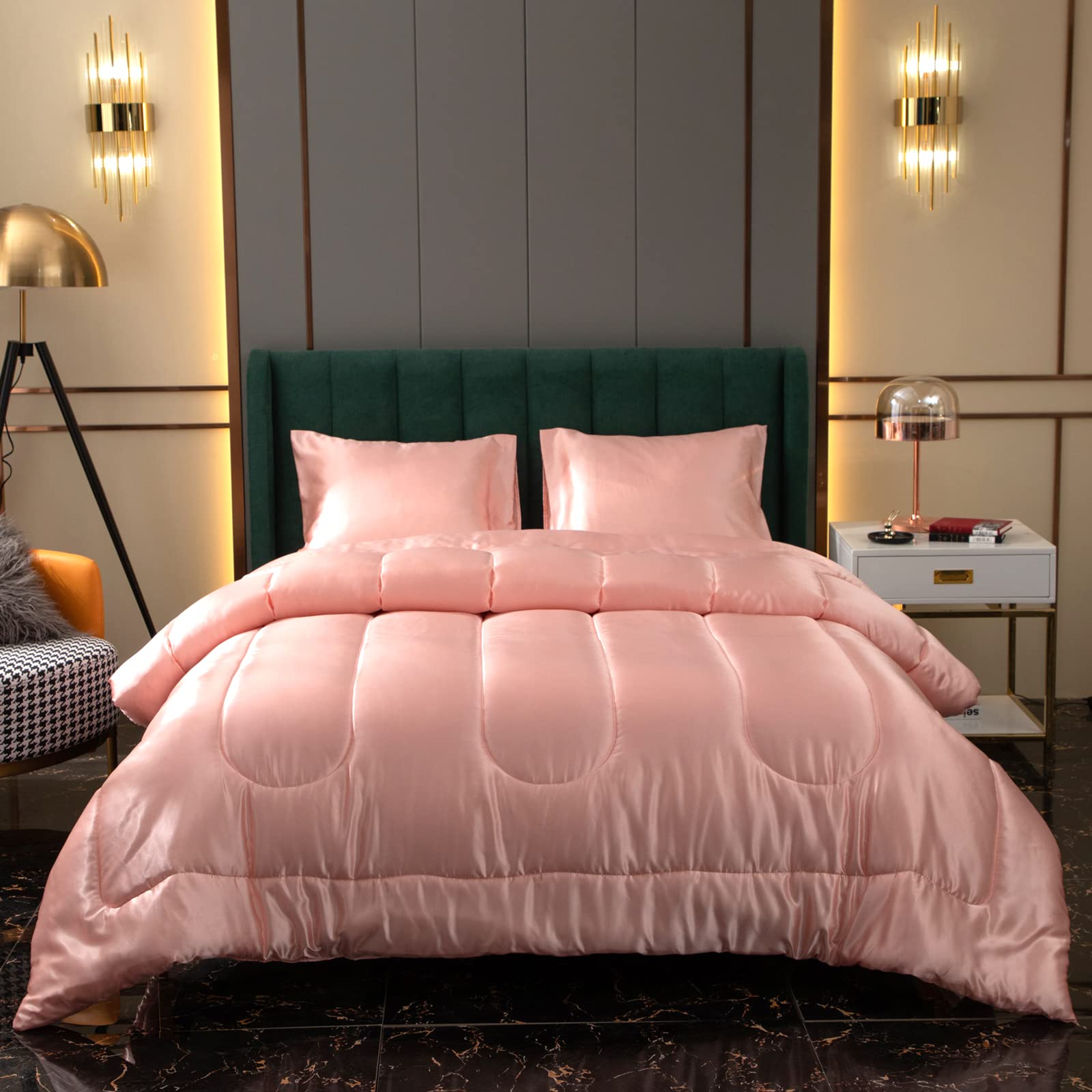 Photo 1 of Satin Comforter Set King Size Silk Like Pink Comforter Silky Polyester Filling Bed Comforters Luxury Hotel Satin Pink Girls Bed Comforter 1 Comfrter 2 Pillowcase (King, Pink)