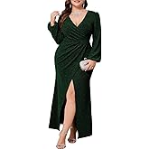 CYCLAMEN Plus Size Formal Maxi Dress Sparkly Ruched Puff Sleeve V Neck Slit Cocktail Wedding Guest Prom Evening Gown