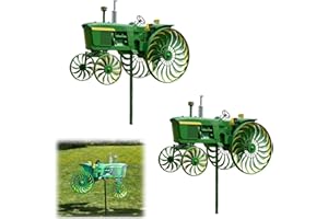 Garden Wind Spinner, Green Tractor Windmill Stake with Rotating Wheels for Patio Yard Garden, Unique Outdoor Sculptures Ornam