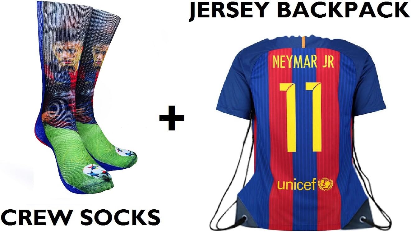 Forever Fanatics Barcelona Neymar Jr #11 Soccer Fan Gift Set Bundle ✓ Neymar Jr #11 Crew Socks Sizes 6-13 ✓ Matching Neymar Jr #11 Jersey Drawstring Backpack