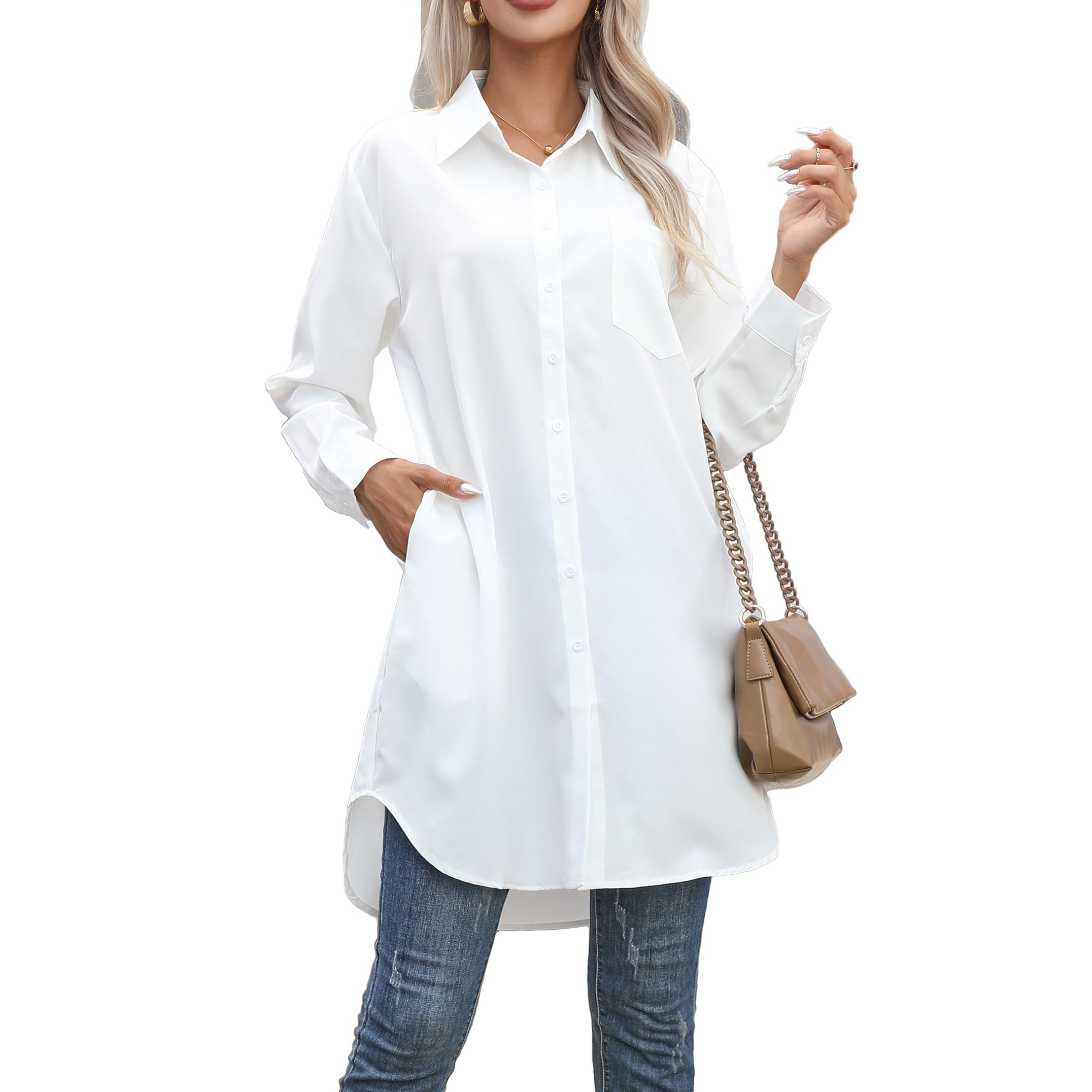 Photo 1 of (small) Women's Casual Button Down Shirts Long Sleeve Oversize Blouse Loose Shirt Dress with Side Pockets(White, size: S)