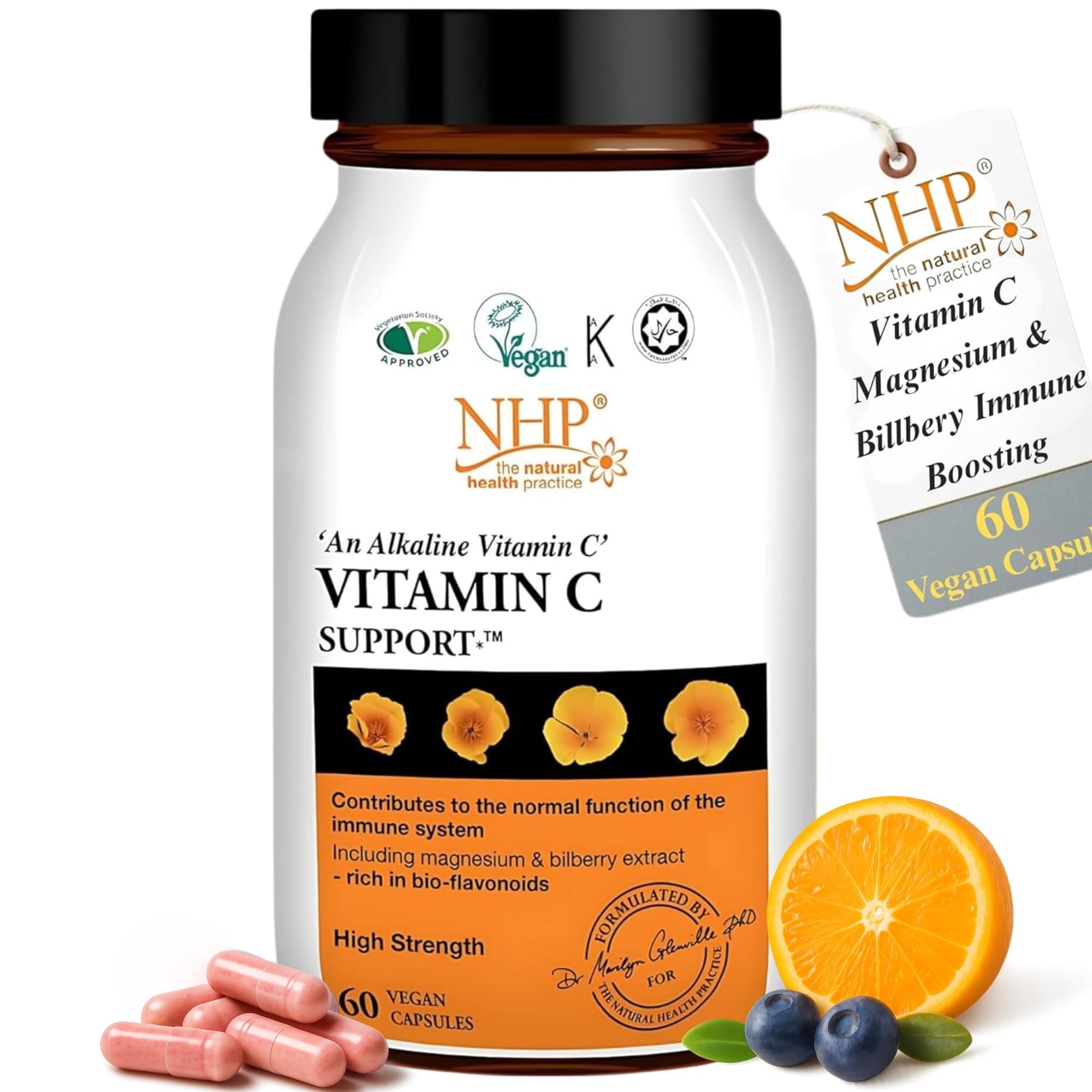 NHP Advanced - Vitamin C Support with Magnesium Ascorbate & Bilberry Immune Boosting Supplement, Supports Nervous System Function, Reduces Fatigue, Gluten - Free, 60 Vegan Capsules