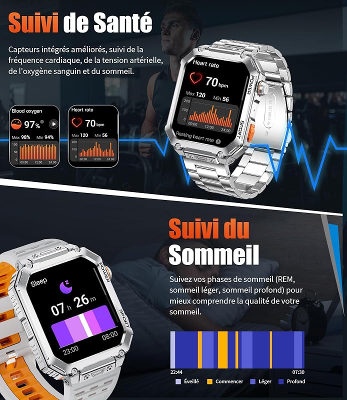 Montre Connectée Homme avec 3 Bracelets, Grand Écran HD de 2,01", Appels Bluetooth, Suivi de la Fréquence Cardiaque, Podomètre, Smartwatch Étanche IP68 Compatible Android et iOS, EF2-M — photo 5 sur 7
