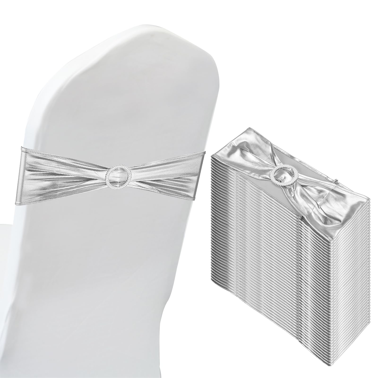PATIKIL 14"x5" Stretch Chair Sashes Bows, 50 Pack Elastic Chair Bands Sashes with Buckle Slider for Wedding Banquet Decorations, Silver