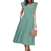 Simplee Womens Boho Maxi Dress Flutter Sleeve Summer Casual Smocked Waist A Line Flowy Tiered Dress with Pockets