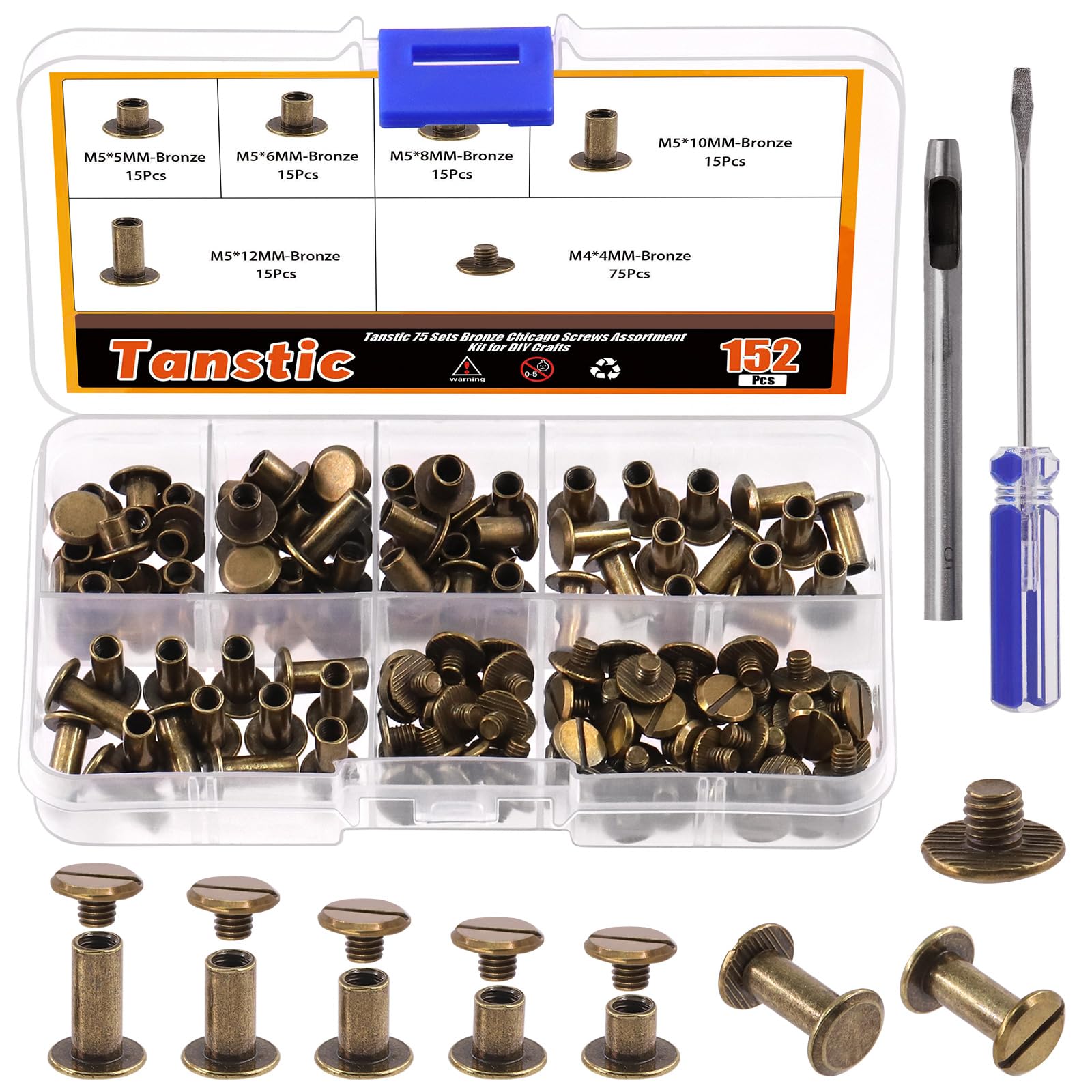 Tanstic 152Pcs(75 Sets) Chicago Screws Assorted Kit, M5 x 5/6/8/10/12mm Flat Head Leather Rivets Chicago Screws Binding Screw Posts Nail Rivet with Install Tool for Leather Crafts (Bronze)