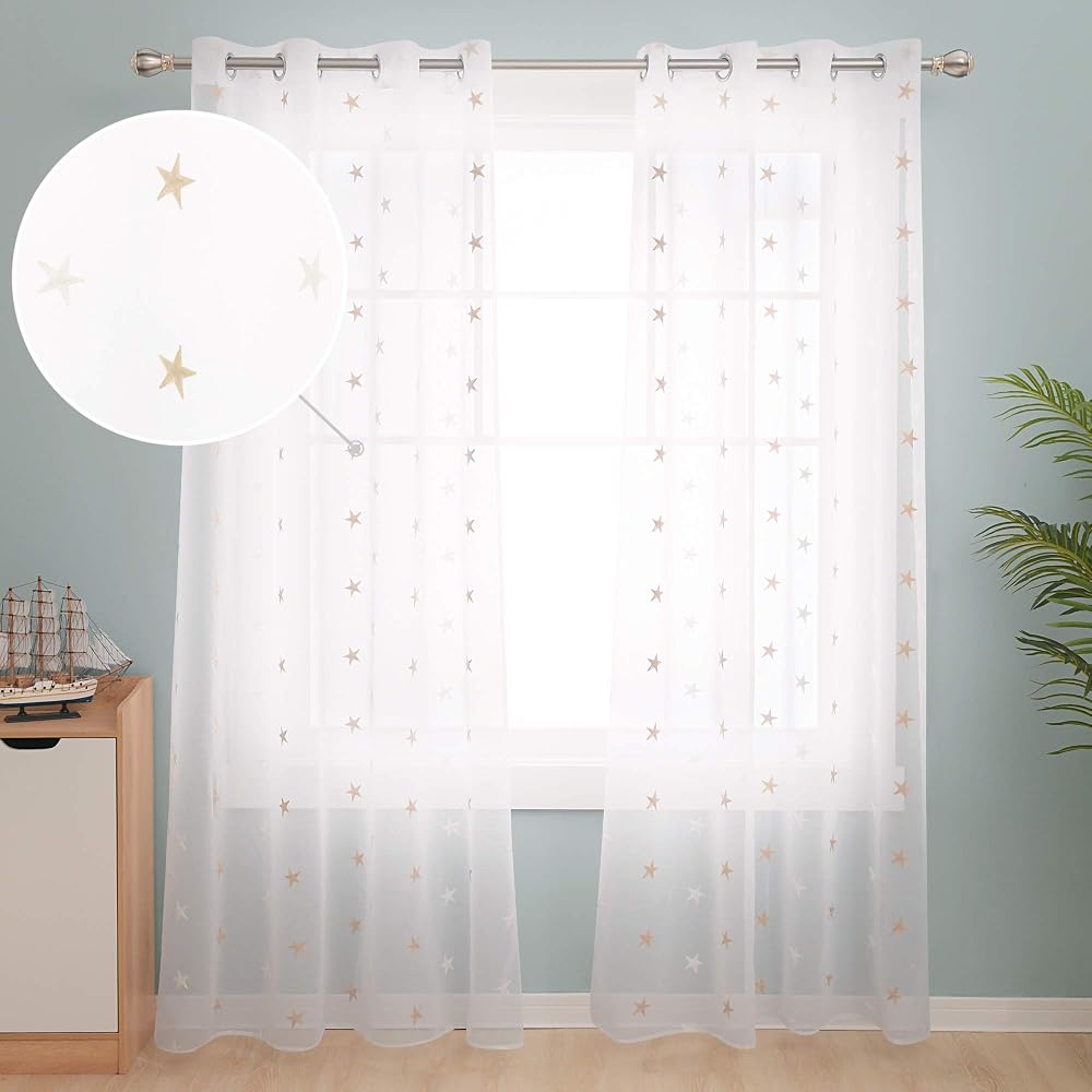 Deconovo Eyelet Linen Effect Voile Curtains Embroidery 55 x 114 Pair