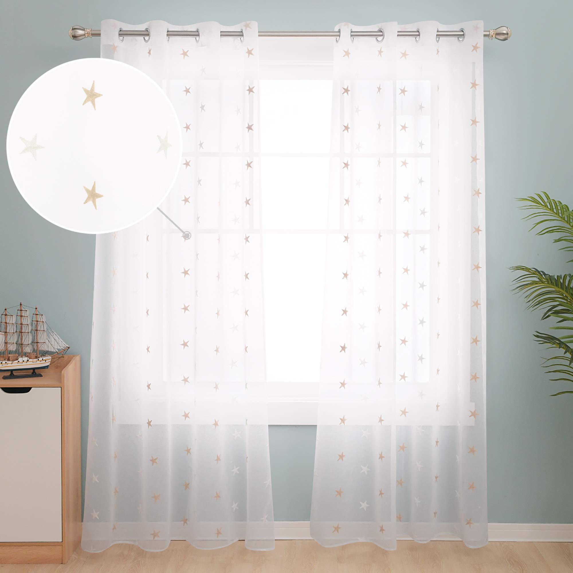 Deconovo Set of 2 Embroidered Linen Effect Net Curtains with White Star Design and Linen 140 x 280 cm