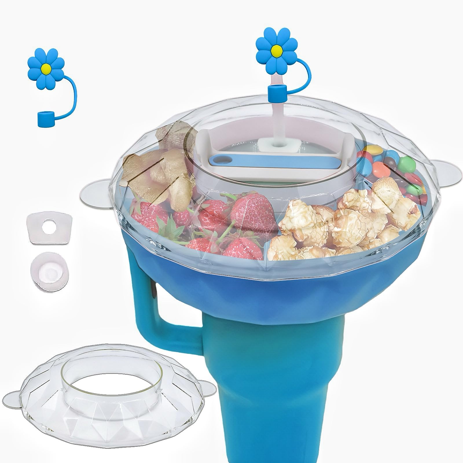 Snack Tray with Lid for Stanley Cup 40 oz, Accessories for Stanley Cup, Leak Stopper, Straw Cover for Stan ley Cups 1.0/2.0, Snack Bowls with 4 Compartments for Candy Popcorn Chip For Cinema (Blue)
