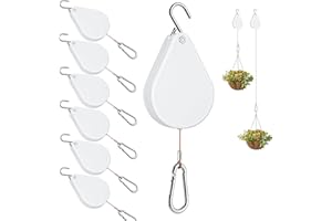 WROSWT Upgraded Retractable Plant Hanger,Plant Pulleys for Hanging Plants,Easy to Raise and Lower,Auto Lock,Heavy Duty,Adjustable Hook for Garden Baskets Pots,Birds Feeder,(6Pcs,White)