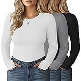Evervibe 3 Pack Women's Plus Size Long Sleeve Shirts Crew Neck Slim Fitted Tops Casual Basic T-shirts with Thumb Holes