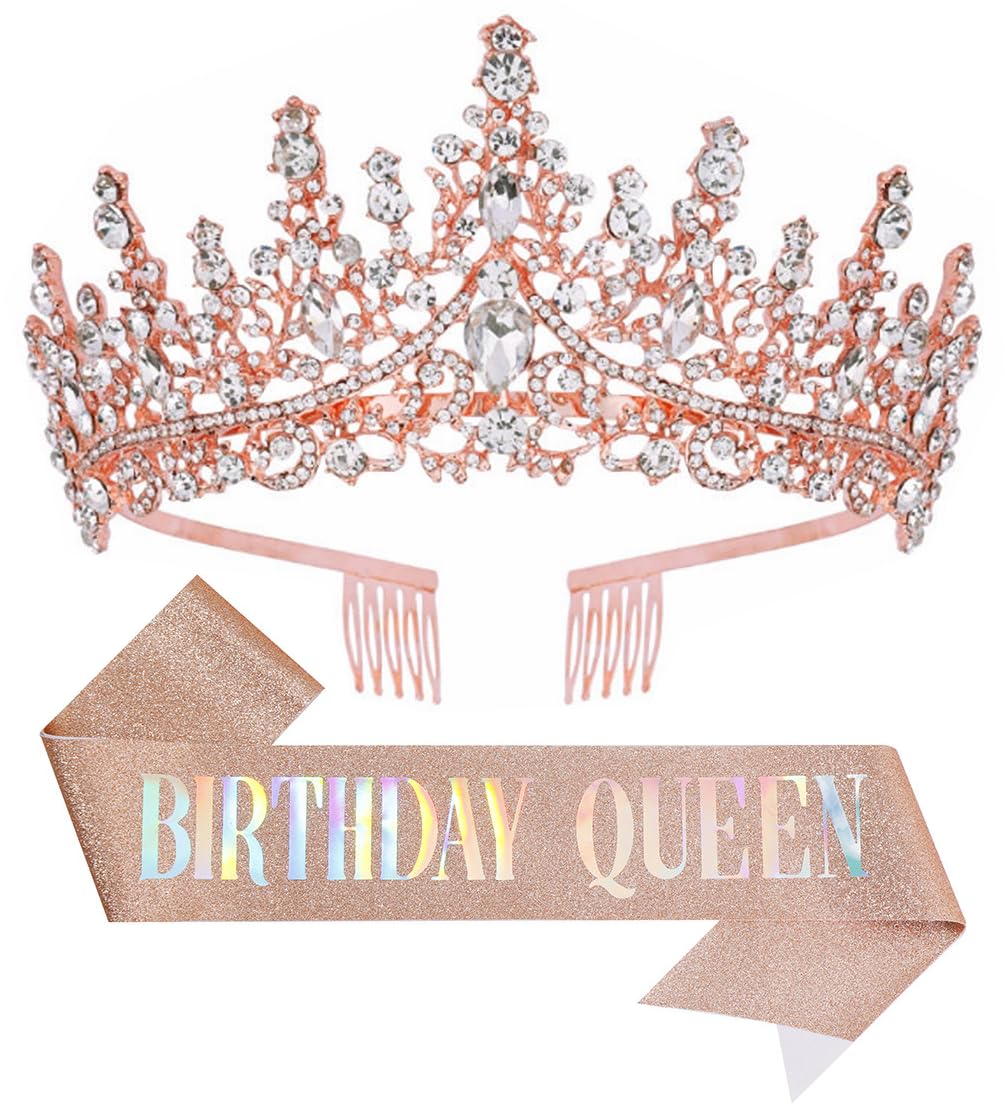Photo 1 of Papoopy Birthday Tiara Crown with Sash for Women, Headband Hair Accessories for Wedding Party Costume Rose
