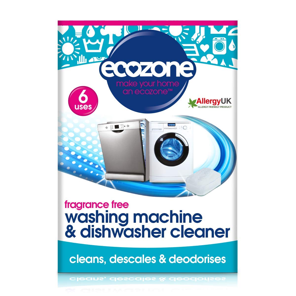 EcoZone Washing Machine & Dishwasher Cleaner Tablets, 2-in-1 Treatment Kit Cleans, De-Scales & De-odorises, Fragrance Free, Plastic Free, Natural Vegan Friendly Plant-Based Cleaning (Pack of 6)