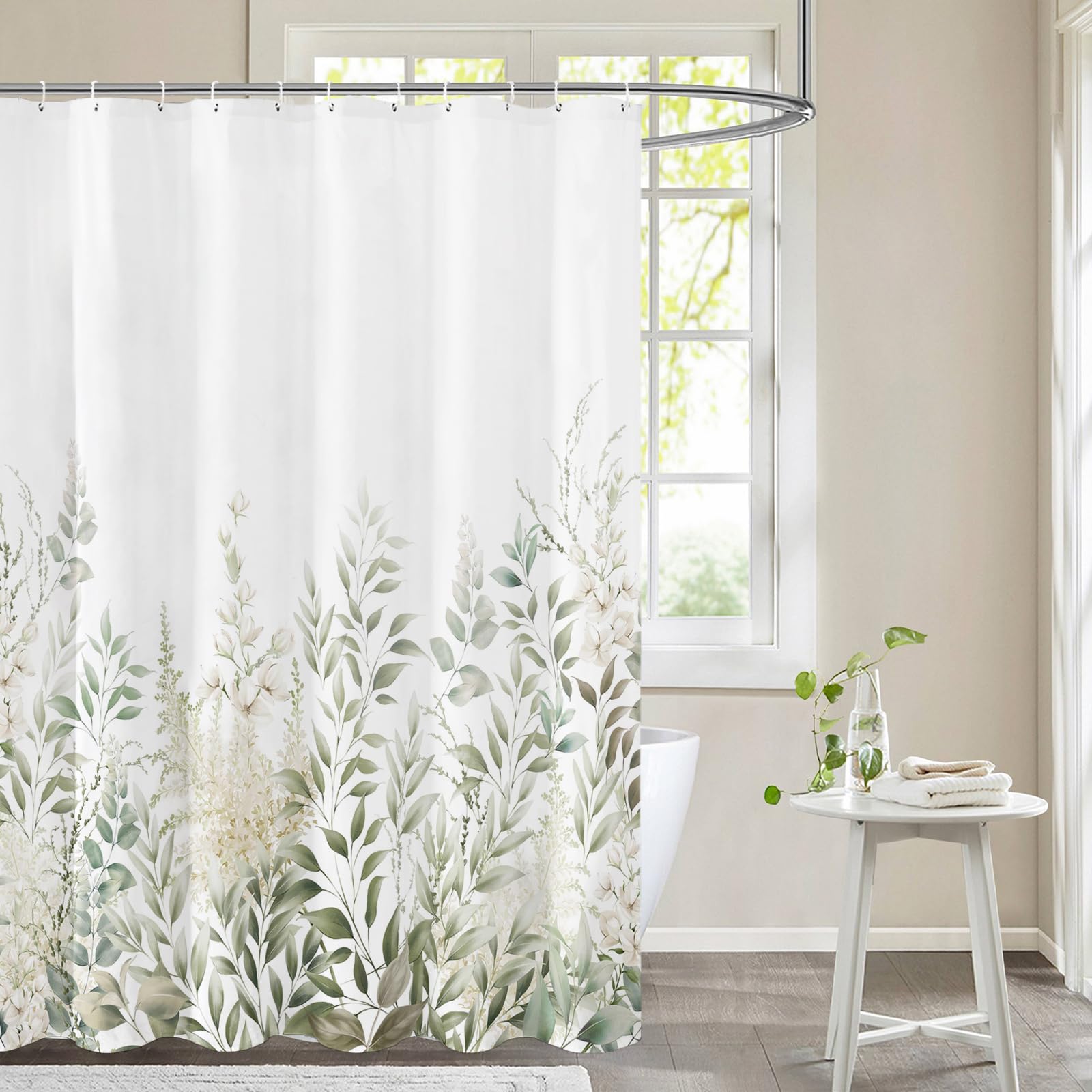Photo 1 of Tititex Retro Sage Green Leaves Shower Curtain, Light White Floral Plant Bathroom Decoration Shower Curtain Sets 71x71 Inch with Hooks