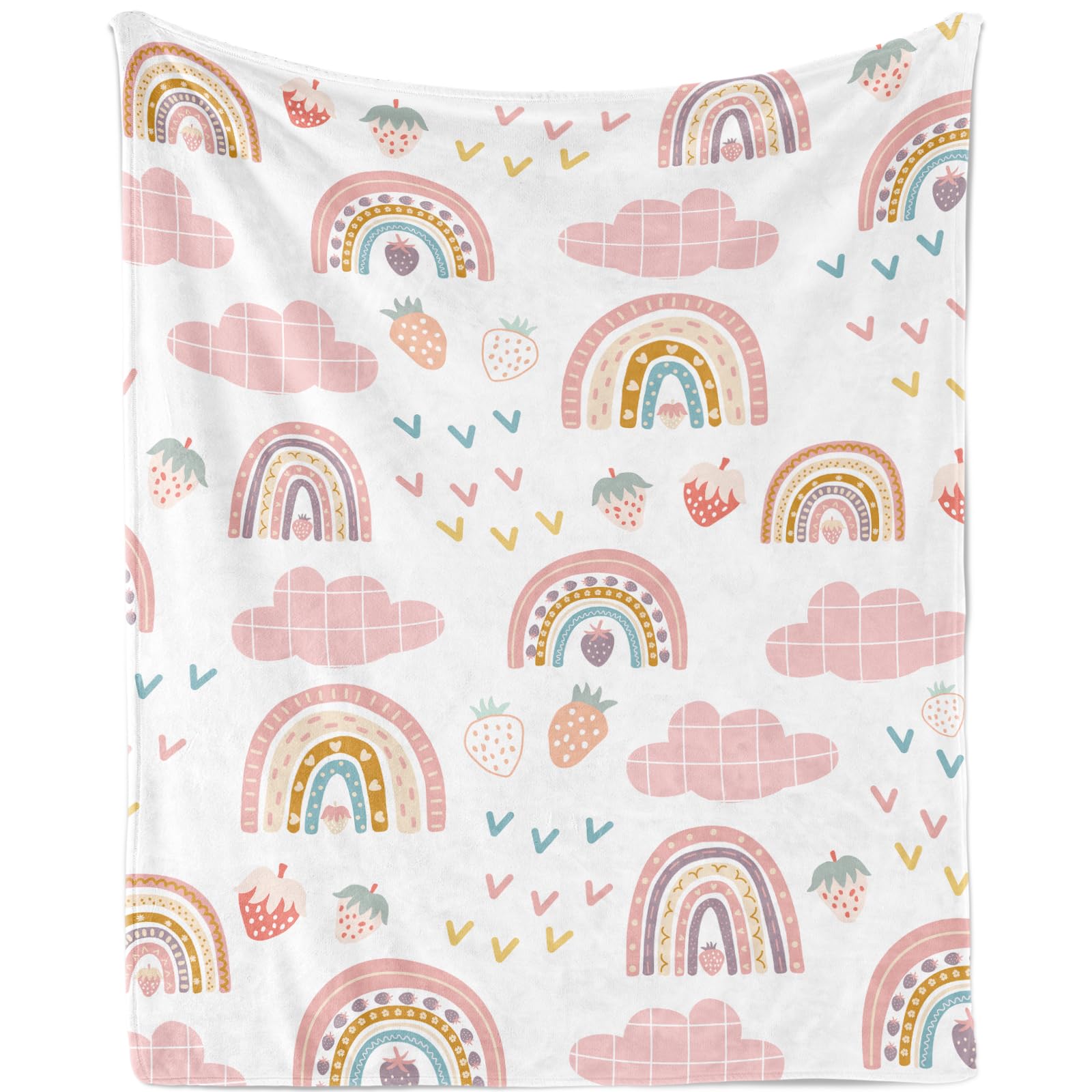 TUTUXMA Strawberry Blanket for Kids, Cute Boho Rainbow Throw Blankets Girls, Soft Cozy Blanket, Lightweight Fluffy Bohemian Blankets, 100x130cm, Strawberry-pink (DTZ-07)