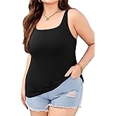 V FOR CITY Plus Size Tank Top with Built-in Bra Scoop Neck Camisole Tops for Women Adjustable Strap Cotton Camis
