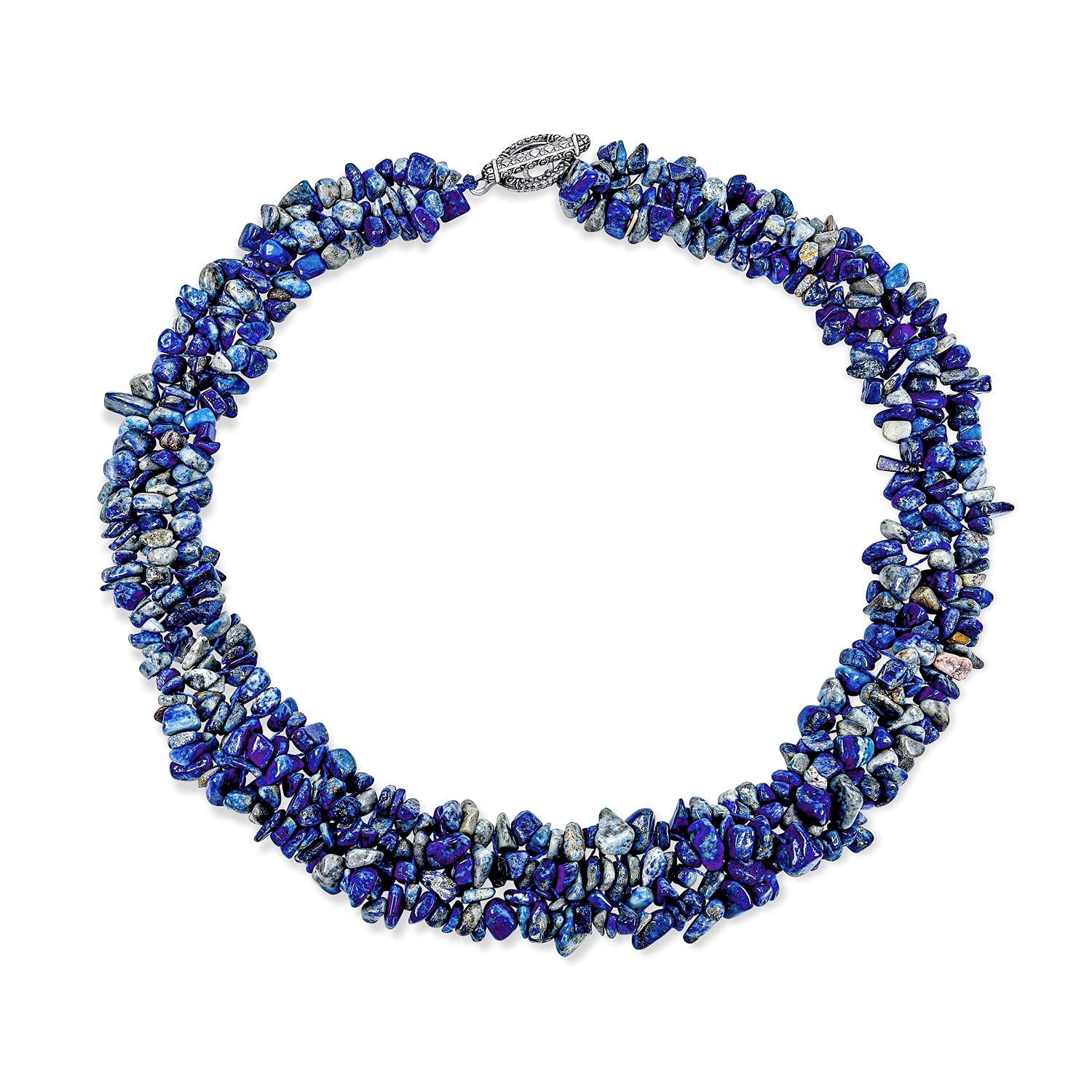 Bling Jewelry Blue Lapis Gemstone Chunky Chips Cluster Bib Multi Strand Statement Necklace For Women Silver Plated