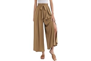 GRACE KARIN Women's Wide Leg Pants with Pockets Lightweight High Waisted Tie Knot Caual Loose Split Flowy Palazzo Trousers