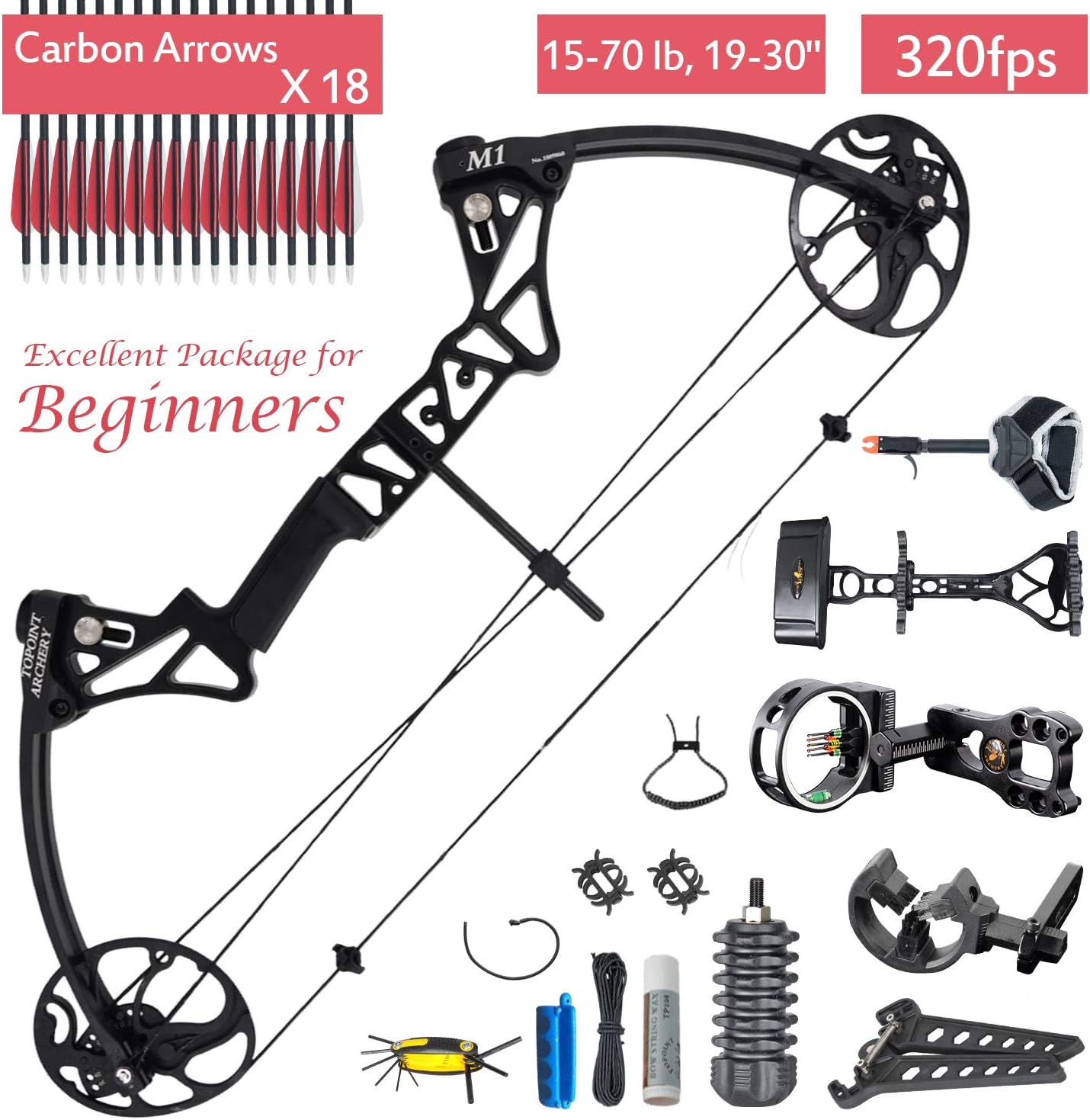 XQMART Archery Compound Bow Package with Hunting Accessories for Adults,Right Handed,19-30" Draw Length,15-70Lbs Draw Weight,IBO Rate 320fps(Ship from USA Warehouse (DF-M1-Black)