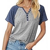 MaQiYa Womens V Neck Basic Tops Color Block Tunic T Shirts Summer Short Sleeve Casual Cotton Tees Shirts