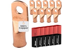 SELTERM 10pcs - 1/0 Awg - 5/16" Stud - Battery Lugs - Ring Terminal Connectors | with 12pcs 3:1 Black & Red Heat Shrink Tubin