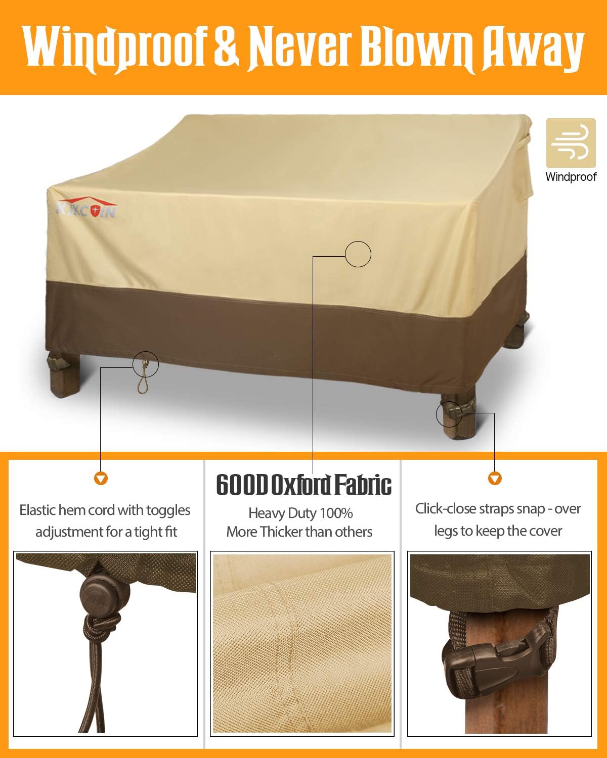 Patio Loveseat Cover, Waterproof Outdoor Sofa Cover 58" L x 32.5" W x 31" H, 600D Heavy Duty Patio Bench Couch Cover with 4 Air Vents for All Weather, Lawn Patio Furniture Covers (Khaki, Brown): Kitchen & Dining