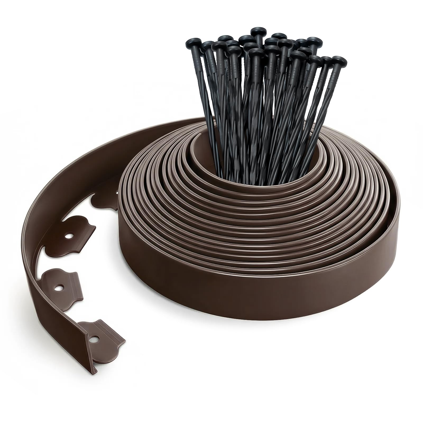 VOUNOT Lawn Edging 10m with 30 Pegs, Flexible Plastic Garden Edging Border Strips for Grass, Flower Beds, Path, Gravel, 5cm High, Brown