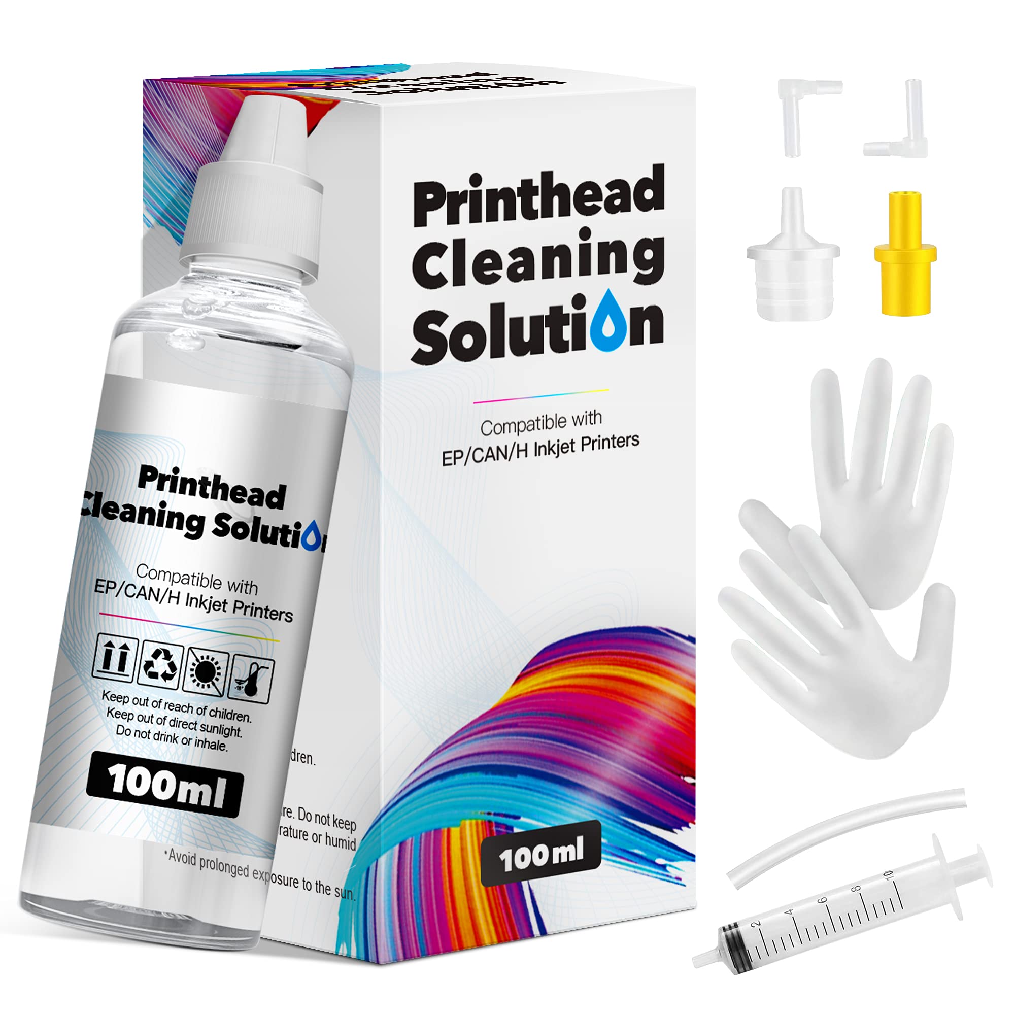100ML Print Head Cleaning Kit Ink Head Cleaning Kit Printhead Cleaning Compatible with Epson, HP, Canon, Brother, Samsung, Lexmark Printheads with Hose Adapters