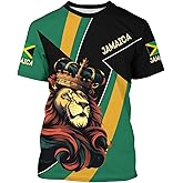 BJU Jamaica Flag T-Shirt Lion Tee Printed Crewneck Short Sleeve Casual Sports Top Unisex