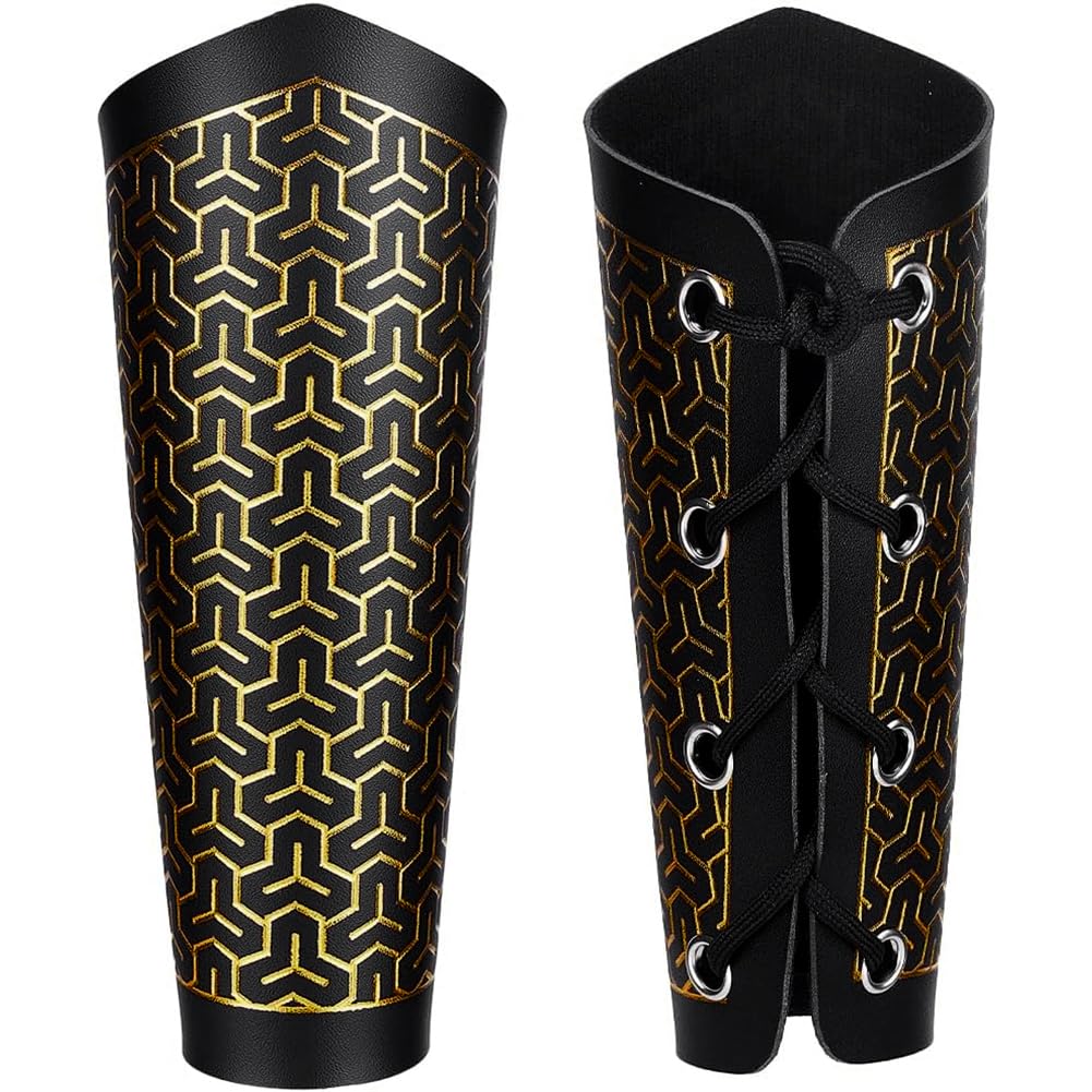 GORGECRAFT 2PCS Leather Arm Guards Medieval Leather Gauntlets Wristband Black Gold Mountain Pattern Armour Bracers Retro Gothic PU Cosplay Bracer Adjustable Arm Armor Cuff for LARP Costume