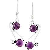Natural & Simulated Gemstone 925 Silver Plated Dangle Earrings for Women – Round Shape Two Stone Birthstone Drop Earrings – Handmade Lightweight Fashion Jewelry – Gift for Wedding Christmas Birthday