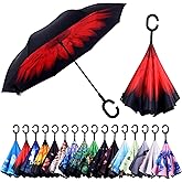 Wxjiahetai Inverted Umbrella, 49 Inch Double-Layer Vented Reverse Umbrella, Windproof Waterproof UV Protection, Lightweight C-Handle, Fiberglass Ribs, Steel Shaft, Travel/Commute/Car Use, With Sleeve