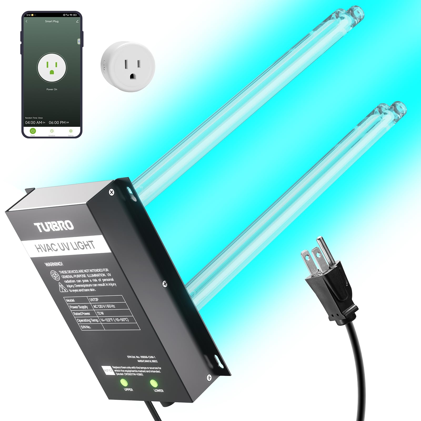 Photo 1 of TURBRO 72W UV Sanitizer Lamp with Smart Plug, ETL&CARB Listed, Ozone Free Ultraviolet Light with Timer Outlet, Air Purifier for HVAC Units and Ducted Systems, WiFi Control, Direct Plug-In 120V, UV72PW