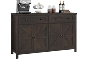 HOSTACK 55" Buffet Sideboard Cabinet with Storage, Modern Farmhouse Coffee Bar Cabinet with Drawers and Shelves, Barn Doors Storage Cabinet for Kitchen, Living Room, Dark Brown