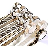 YUBBAEX 10 Rolls Washi Tape Set Black Gold Foil Print Decorative Tapes for Arts, DIY Crafts, Bullet Journals, Planners, Scrap