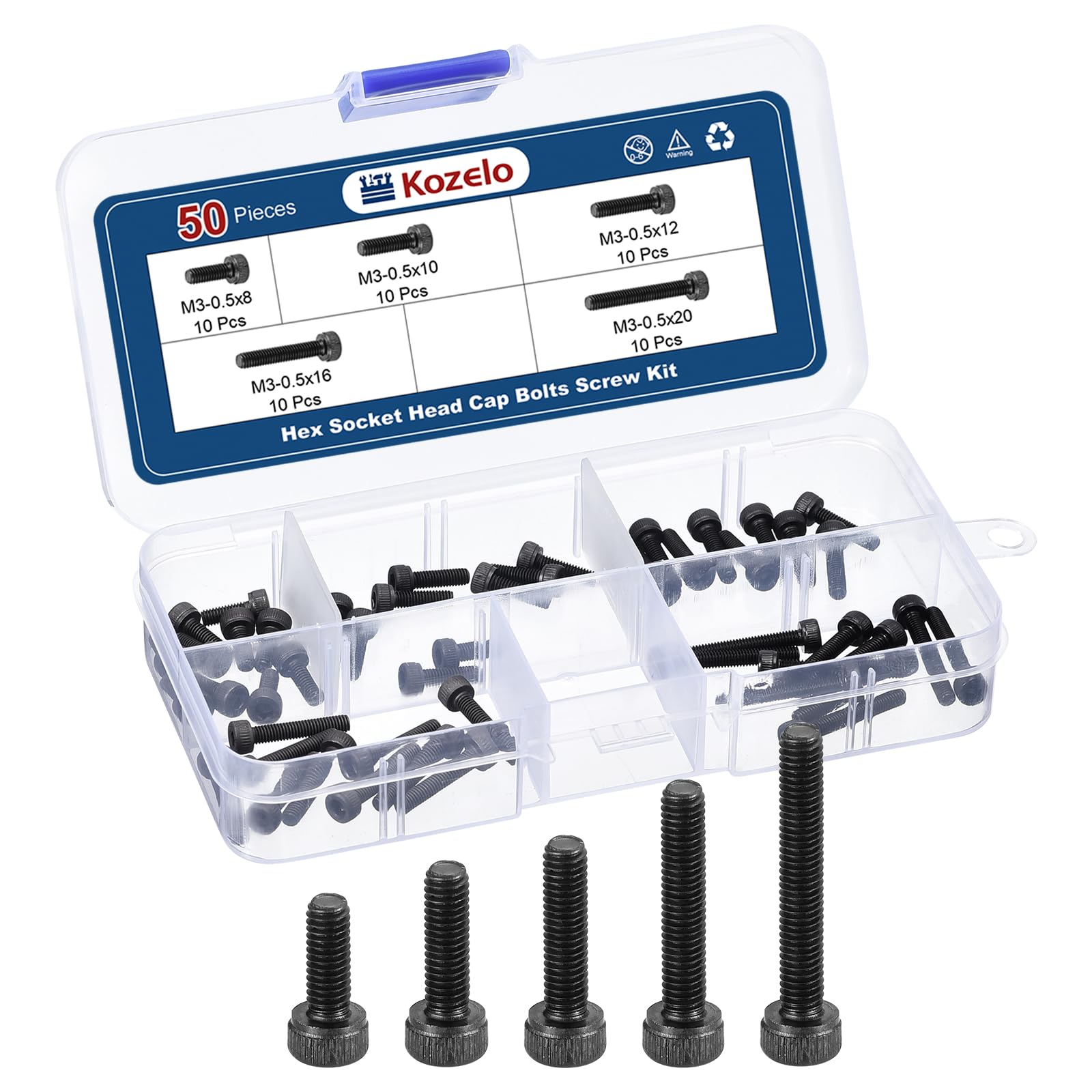 Kozelo 50pcs M3 Socket Head Cap Screws Bolts Nuts Assortment Kit - [M3x8/10/12/16/20mm] Alloy Steel Fully Threaded Black Oxide 12.9 Internal Hex Screw for 3D Printer Use — image 1