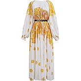CHICWISH Women Pleated Long Sleeve Maxi Dress Watercolor Floral Print Crewneck Casual Flowy Summer Long Dresses with Belt