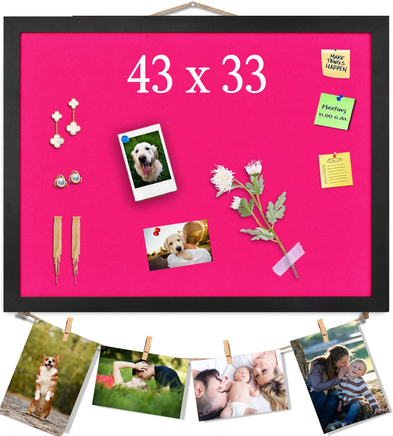 Pink Bulletin Boards Cork Board with Felt, 43x33cm Small Display Pin Board Vision Board for Walls, Jewelry, Notes, Collection, Photos, Office, Black Framed and Pink Felt Board, 1pc, UK