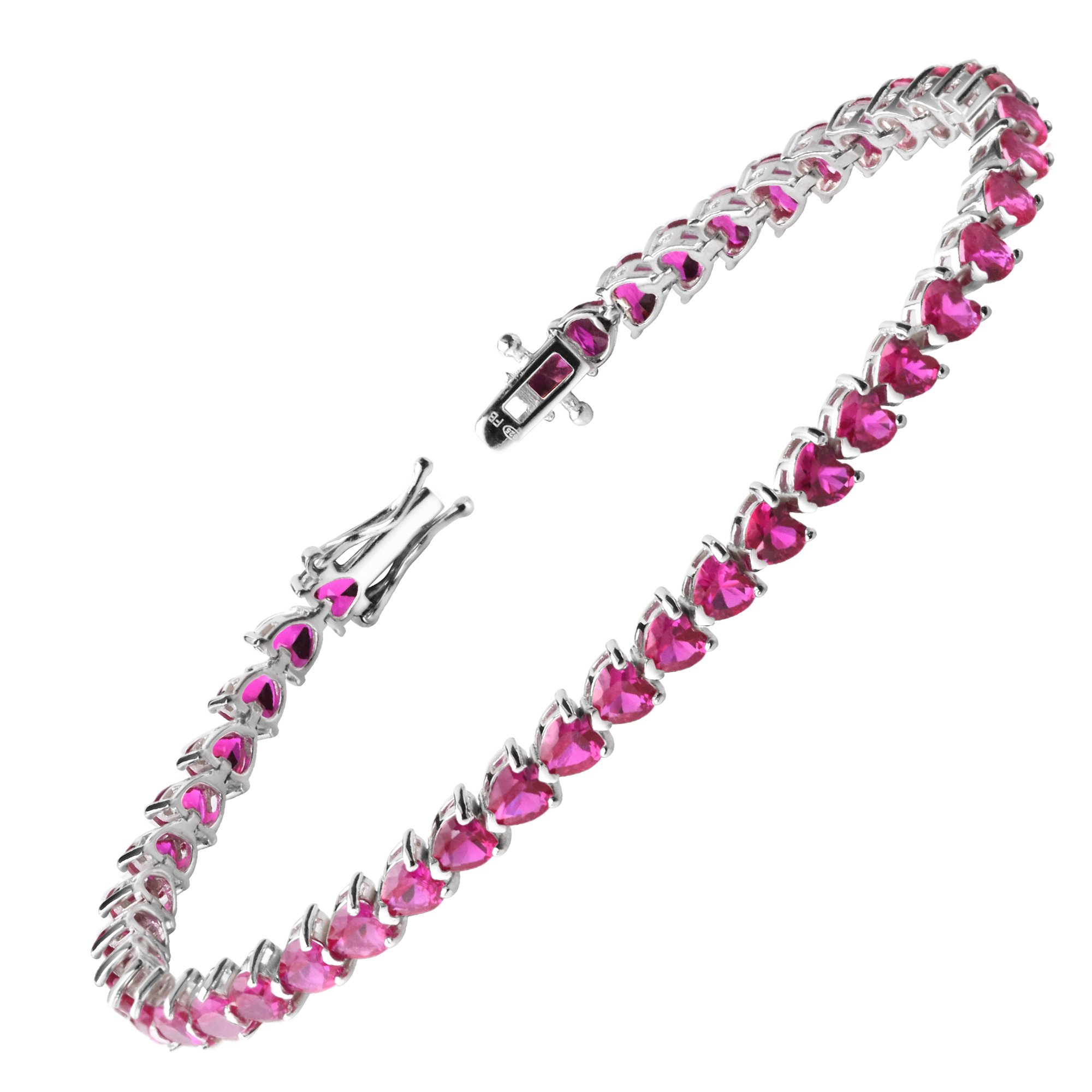 Franki Baker 925 Sterling Silver Pretty Heart Cut Ruby & Diamond Crystals Tennis Bracelet. Length: 19cm