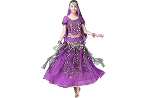 ORIDOOR Women Belly Dance Dress Indian Bollywood Halloween Costume Chiffon Skirts Shiny Belly Dance Suits 5-Piece Outfit