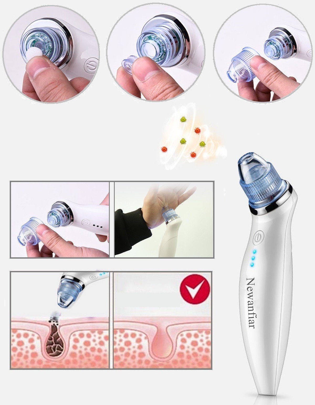 Goodsky Limpiador eléctrico de puntos negros y espinillas, portátil, - para la belleza y el cuidado de la piel / 5 cabezales intercambiables / carga de USB (color blanco)