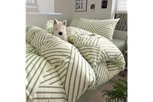 VM VOUGEMARKET Green Stripes Duvet Cover King,Instagram Style Geometric Duvet Cover with Zipper Ties 100% Cotton Modern Fashion Bedding Set for Teens Adults