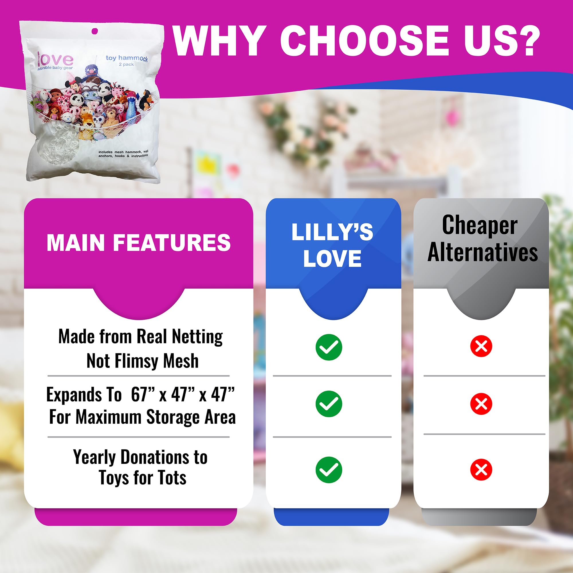 Lilly's Love Stuffed Animal Net Hammock for Plushie Toys - Large 2 Pack