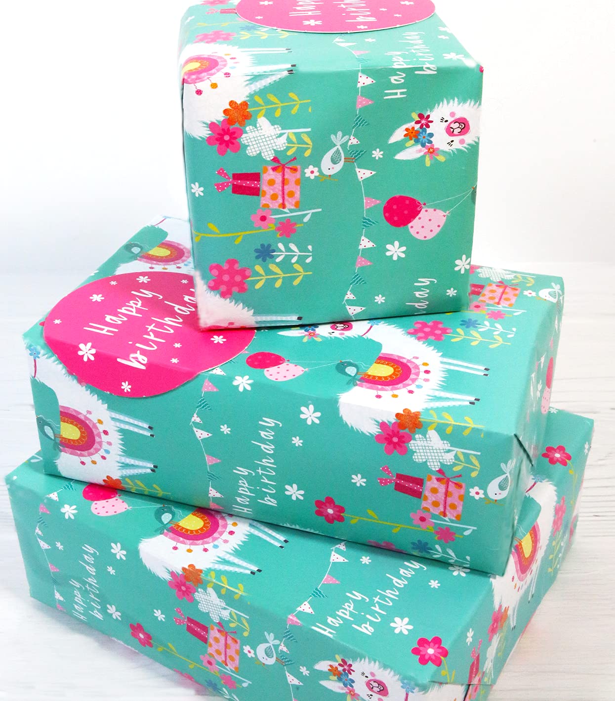 Abacus Cards Wrapping Paper 12620A Birthday Llamas Gift Wrap Pack with 2 Sheets and 2 Tags, Plastic Free & FULLY RECYCLABLE, Multicoloured