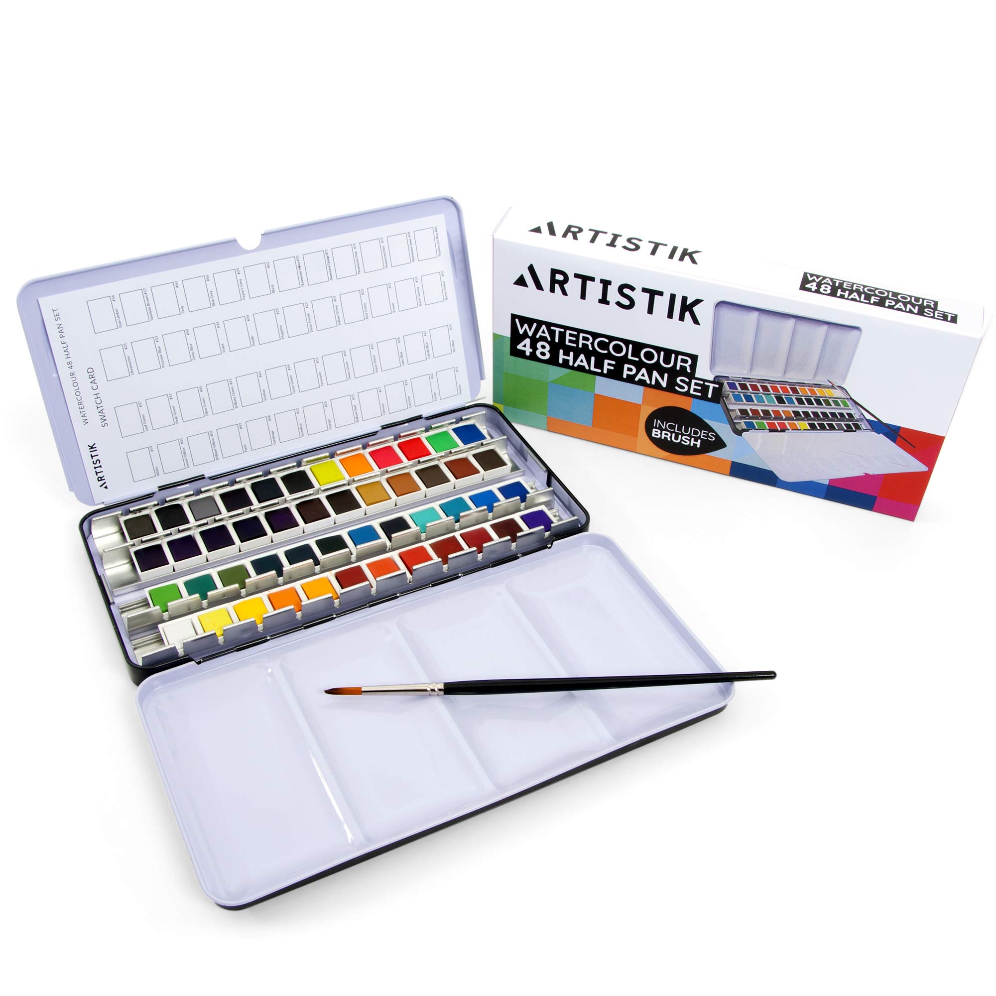 48 Half Pan Watercolour Paint Set - Premium Assorted Vibrant Colour Paints - Compact & Lightweight Palette in Metal Carrying Case, Ideal Travel Set for Beginners, Students & Professional Artists