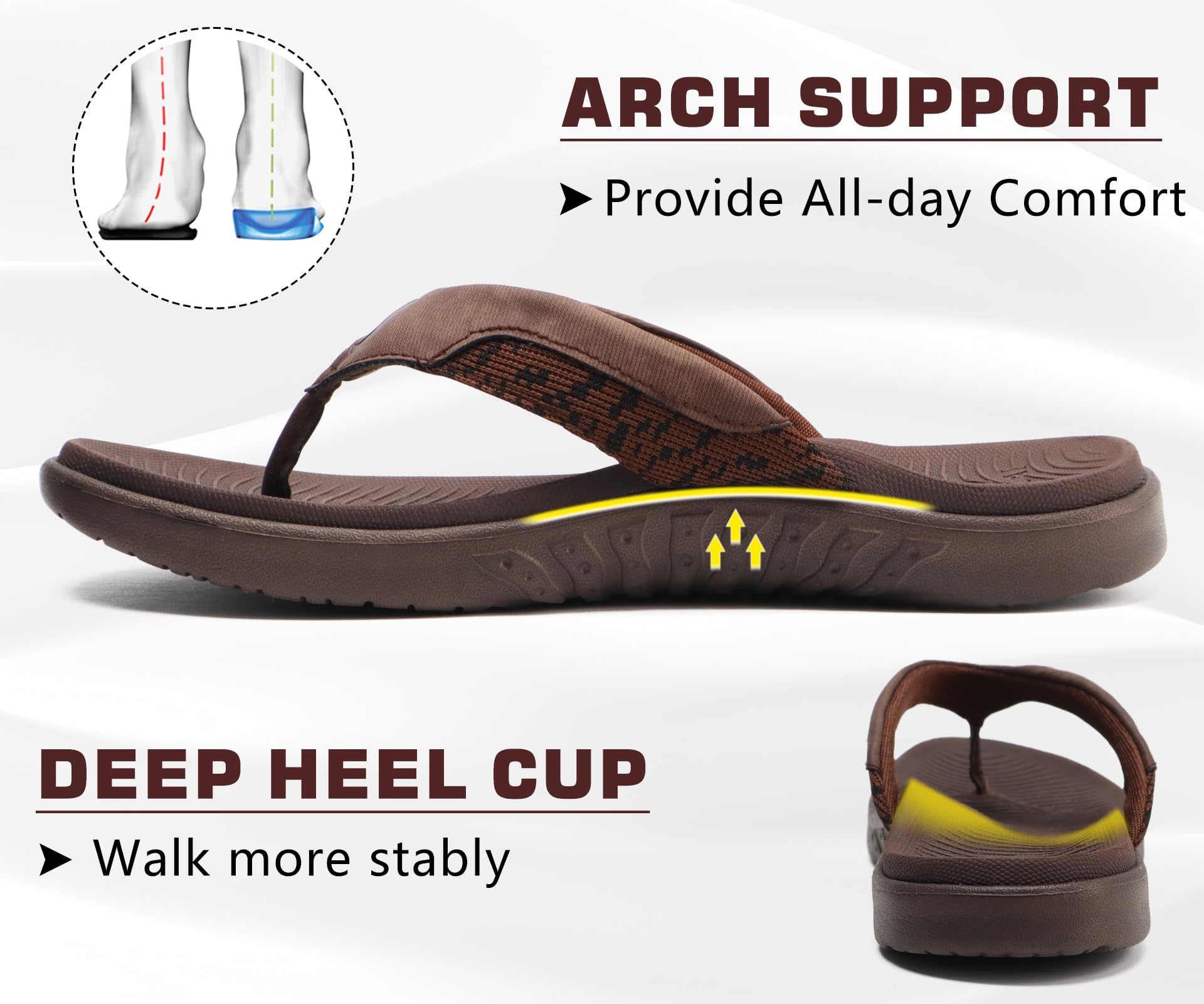 ONCAI Herren Flip Flops Sommer Sport Dusch Schwimmbad Strand Männer Zehentrenner Sandalen Badelatschen Mit Orthopädie Arch Support Gummifußbett Braun Größe 46 3